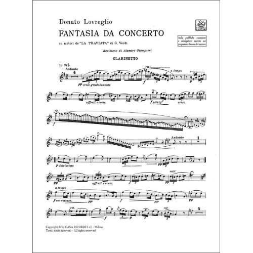 GIUSEPPE VERDI - DONATO LOVREGLIO FANTASIA DA CONCERTO SU MOTIVI DELLA TRAVIATA PER CLARINETTO E PIANOFORTE